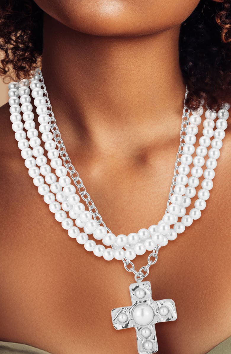 SPHERA MILANO Set of 2 Faux Pearl Cross Pendant Layered Necklaces, Alternate, color, Silver