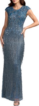 Mac Duggal Embellished Cap Sleeve Gown With Fringe Beading