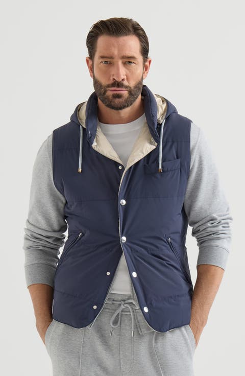 Bonded nylon down vest with detachable hood