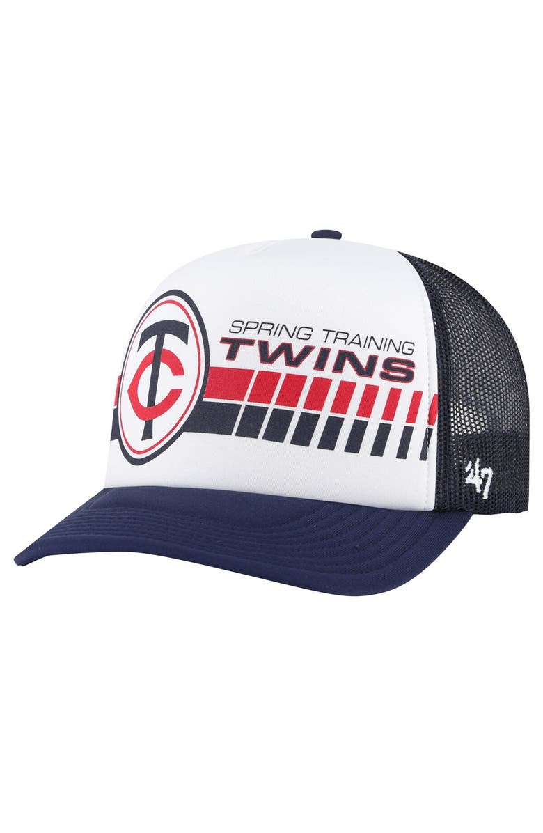'47 Men's '47 White/Navy Minnesota Twins 2024 Spring Training Foam Trucker Adjustable Hat, Main, color,