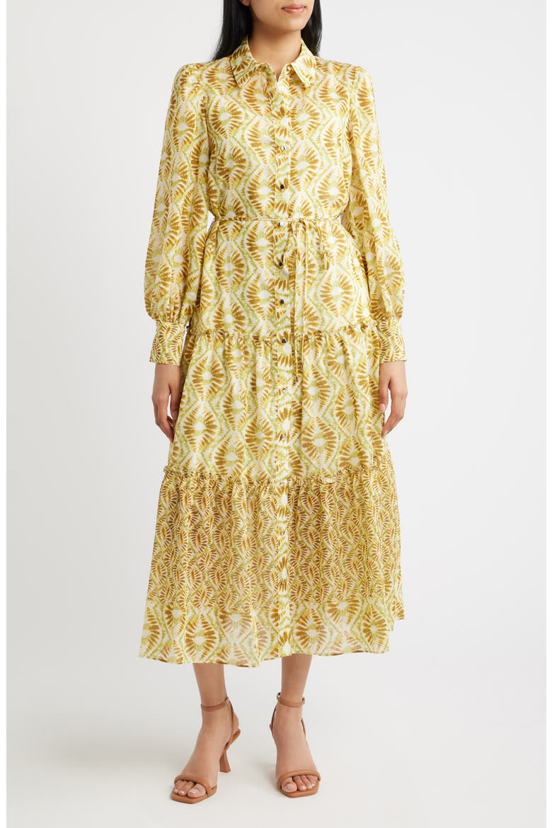 Tile Print Long Sleeve Tiered Shirtdress, Main, color, YELLOW MULTI