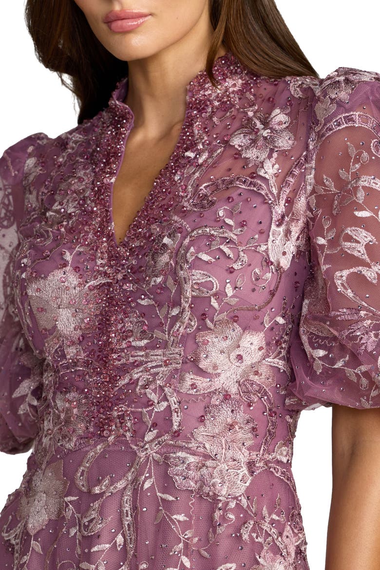 Petite Embroidered Queen Anne Puff Sleeve A Line Gown, Alternate, color, Wisteria