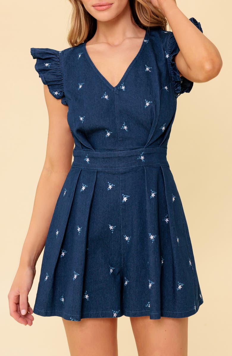 FLYING TOMATO Floral Embroidered Denim Flutter Sleeve Romper, Alternate, color, Dark Indigo