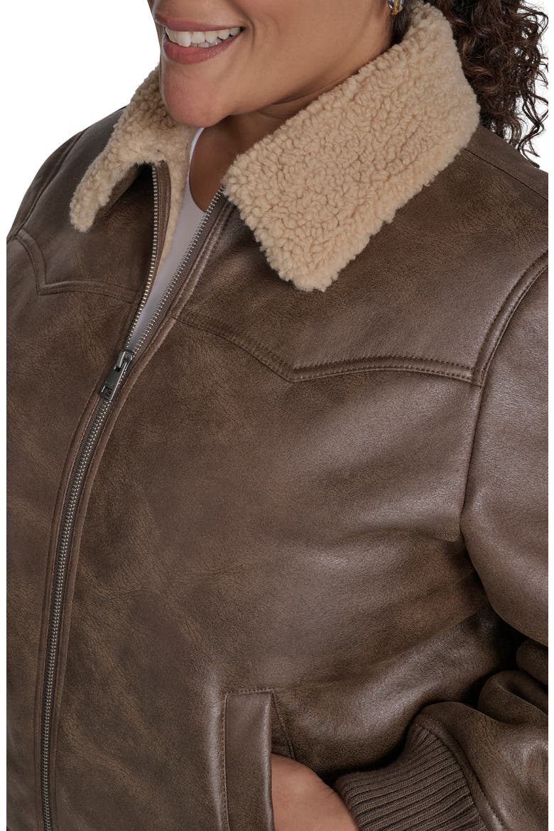 Faux Shearling Trim Faux Leather Western Bomber Jacket, Alternate, color, COFFEE