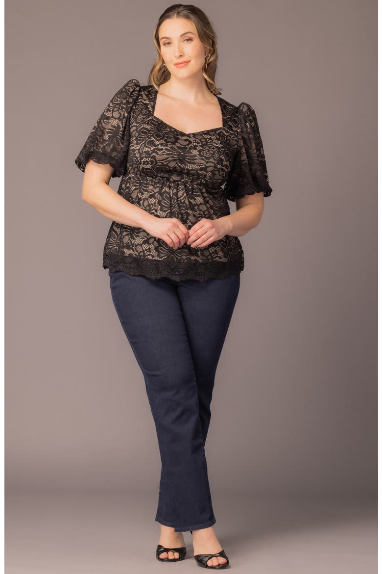 Winsome Puff Sleeve Lace Top, Alternate, color, BLACK/ NUDE