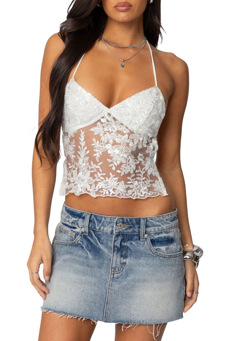 Nyx Sheer Lace Backless Top, Main, color, WHITE