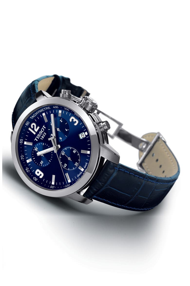 PRC200 Chronograph Leather Strap Watch, 41mm, Alternate, color, BLUE/ SILVER