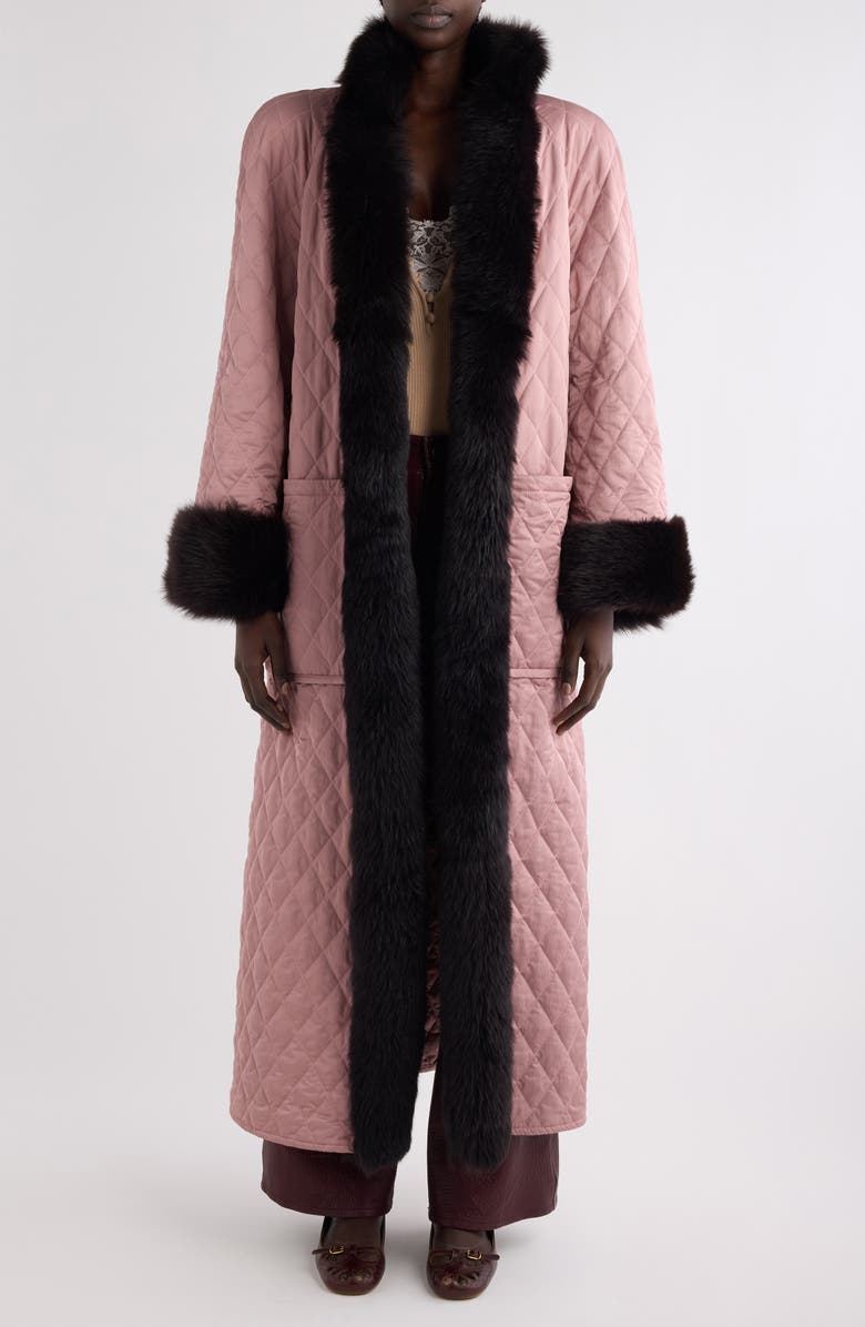 Chloé Diamond Quilted Longline Coat with Genuine Shearling Trim, Main, color,