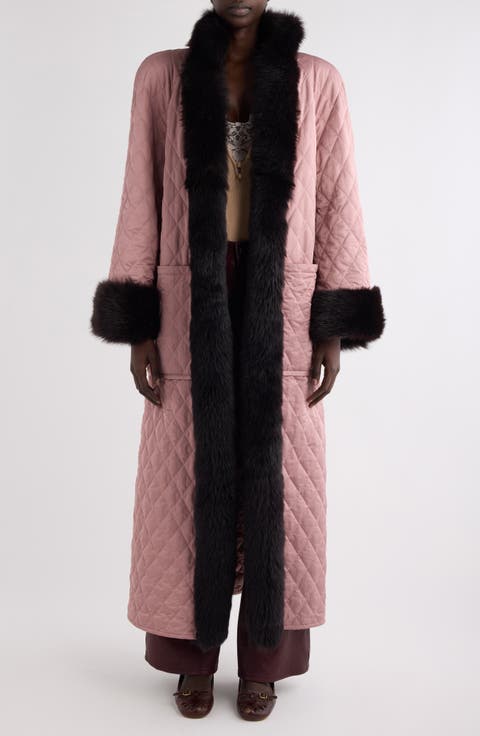 Diamond Quilted Longline Coat with Genuine Shearling Trim