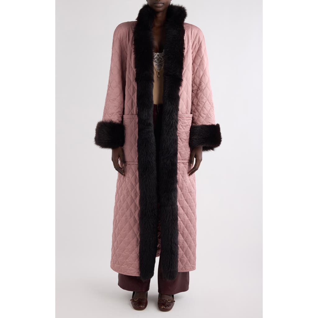 Chloé Diamond Quilted Longline Coat With Genuine Shearling Trim In Pink