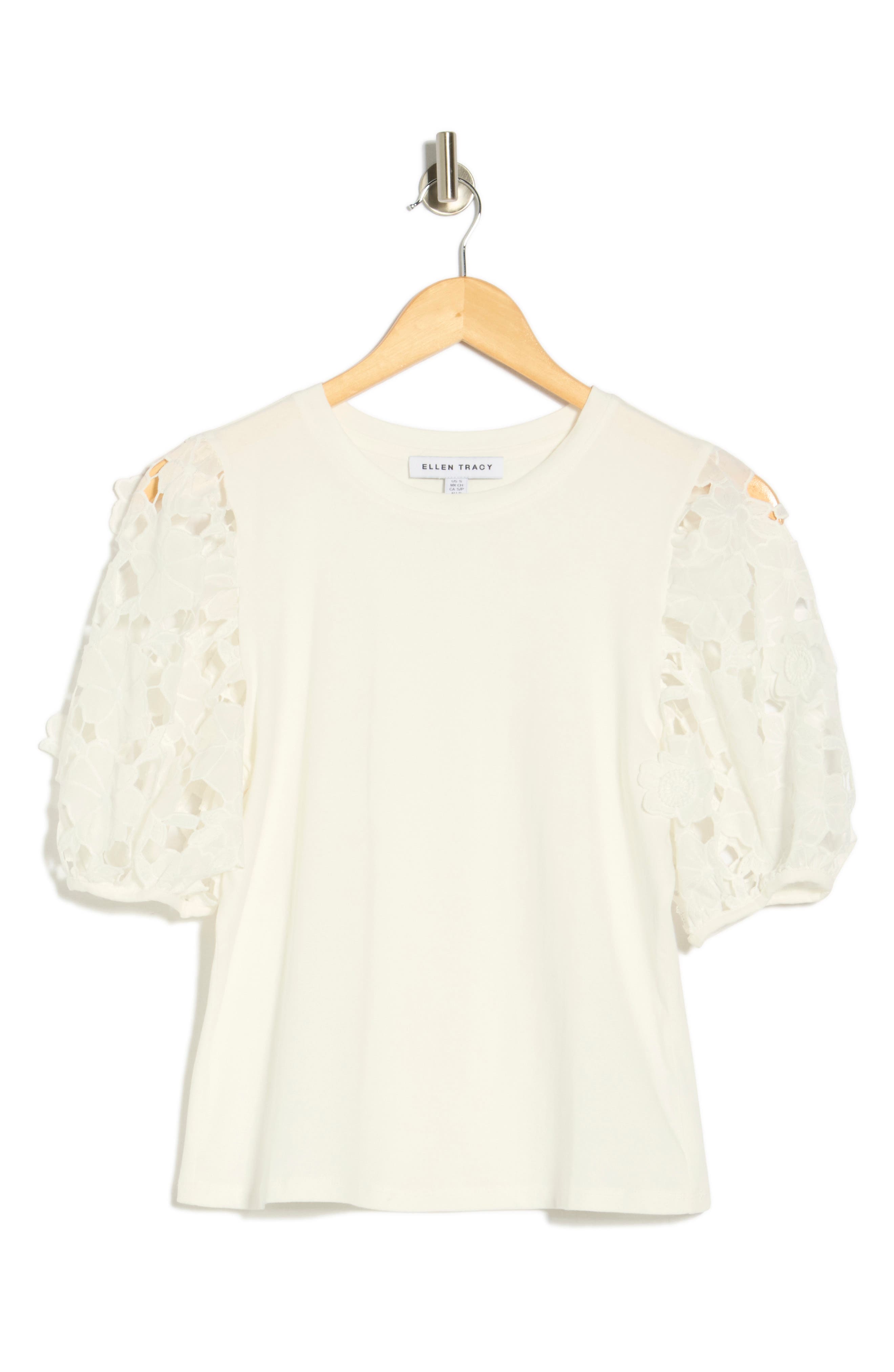 Ellen Tracy Mixed Media 3D Floral Sleeve Top