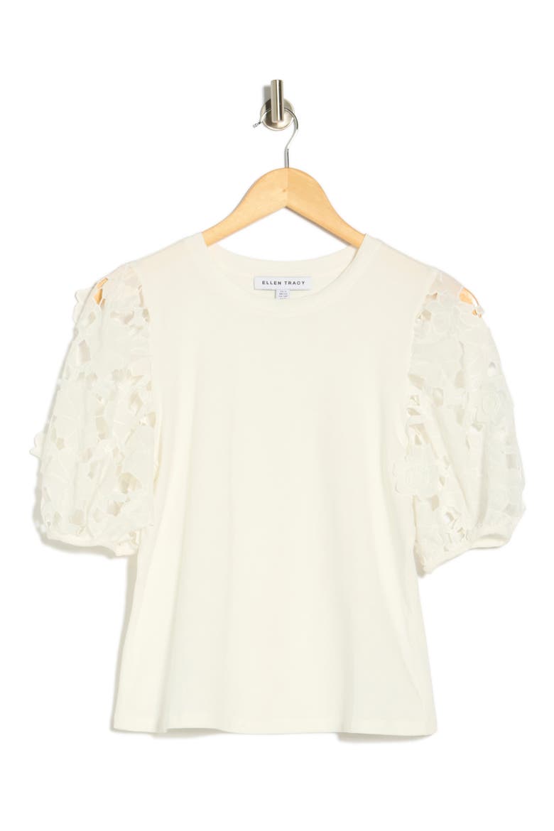 Mixed Media 3D Floral Sleeve Top, Alternate, color, WHITE