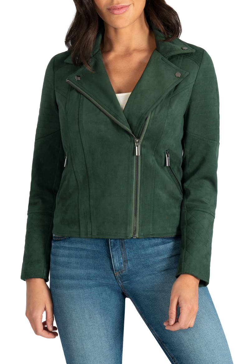 Quilted Panel Faux Suede Moto Jacket, Alternate, color, HUNTER