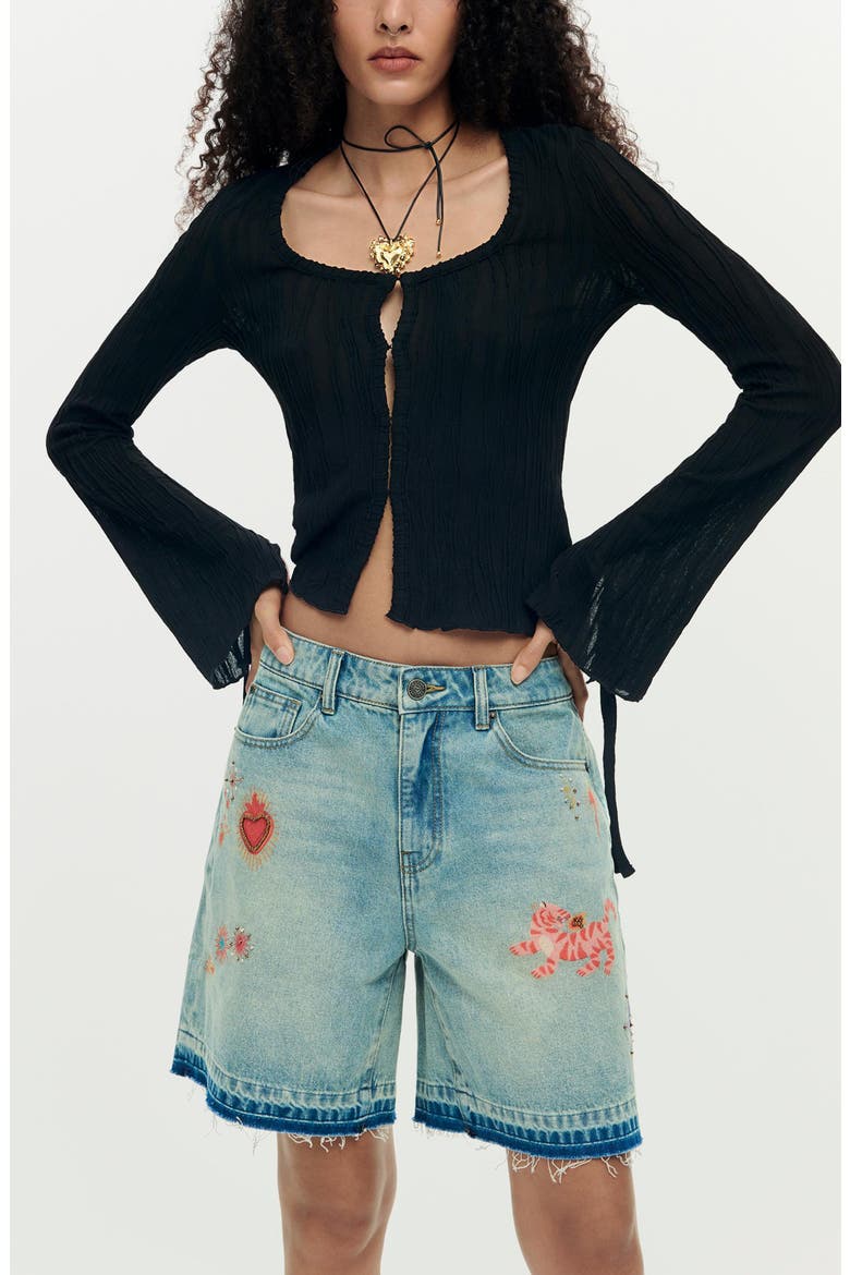 Beaded Appliqué Denim Shorts, Alternate, color, LIGHT BLUE