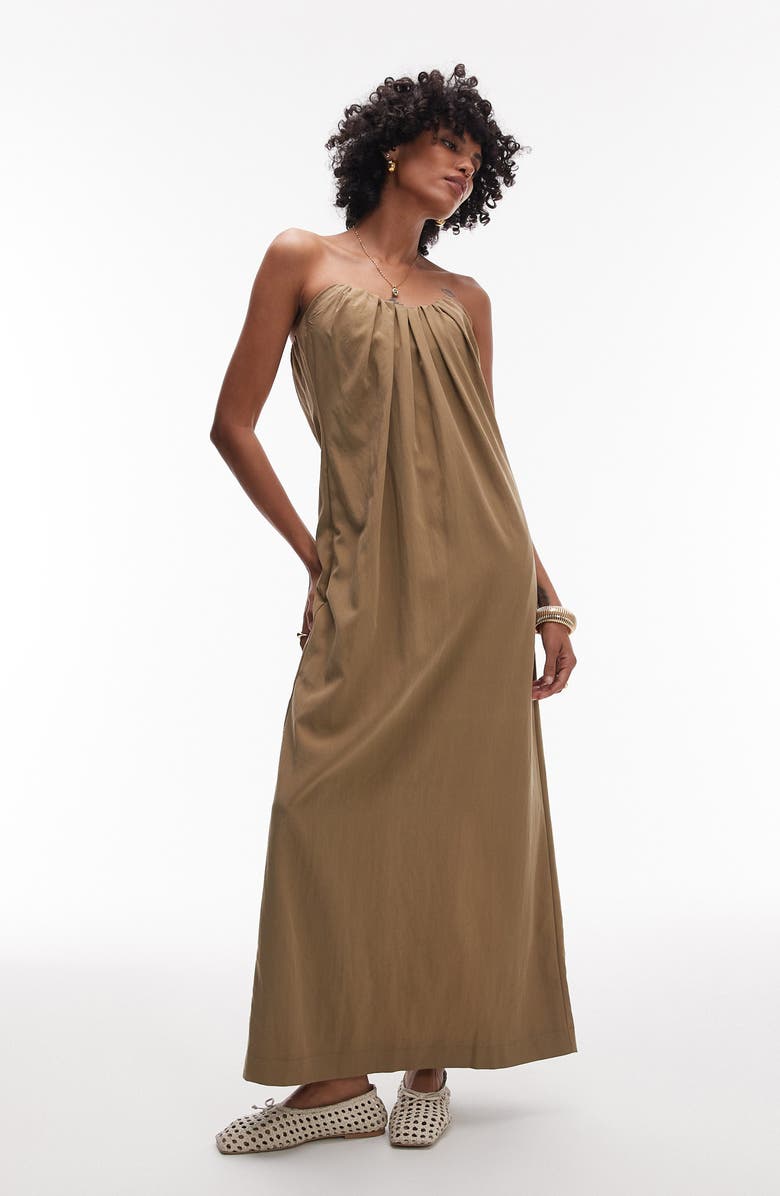 Topshop Strapless Poplin Maxi Dress, Main, color, Brown
