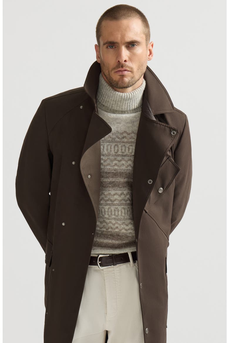 Water-resistant microfiber motorcyle trench with nappa leather inserts, Alternate, color, Brown
