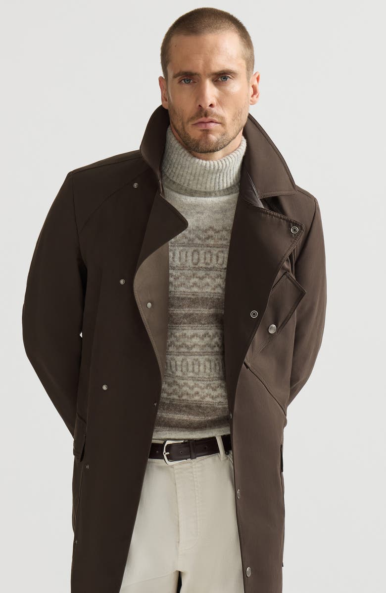 Brunello Cucinelli Water-resistant microfiber motorcyle trench with nappa leather inserts, Alternate, color, Brown