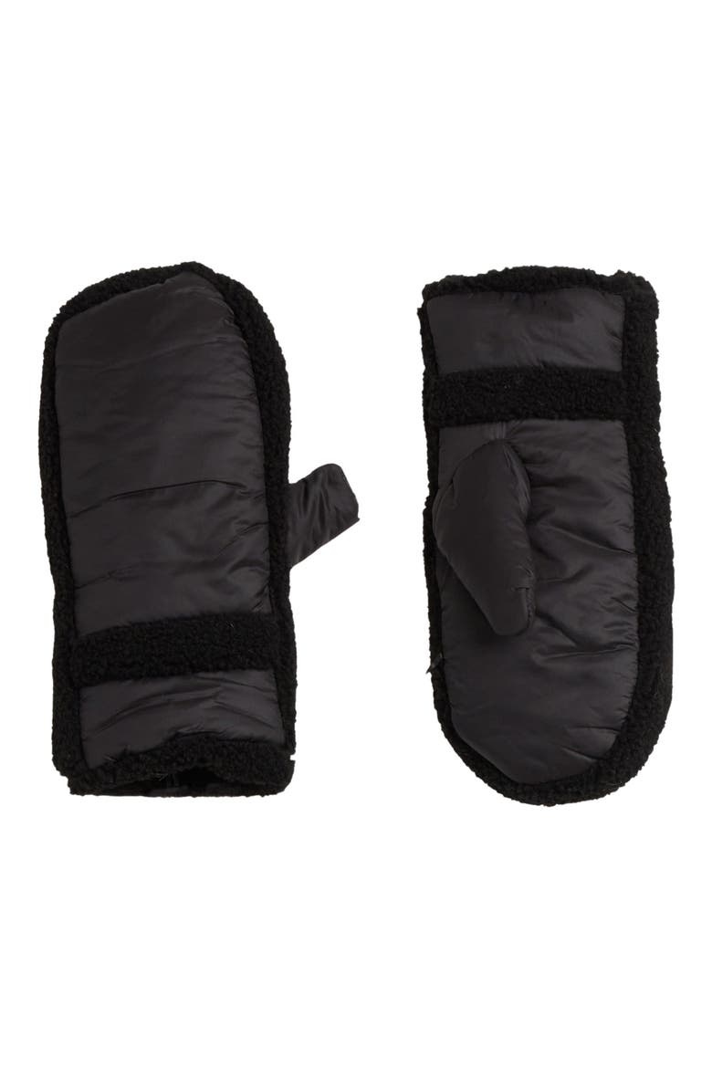 Thalie Quilted Shearling Trim Mittens, Main, color, BLACK