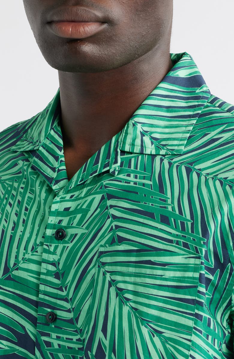 Brooks Brothers Regular Fit Palm Leaf Print Cotton Poplin Camp Shirt, Alternate, color, Green/ Navy