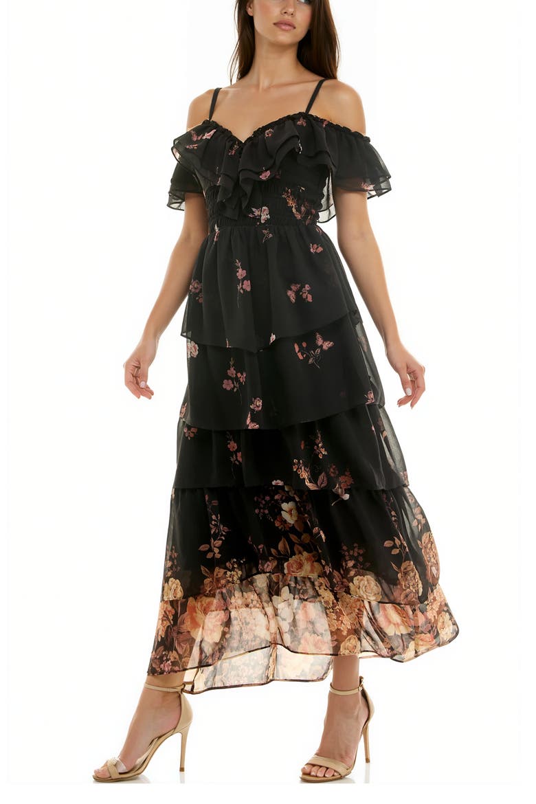 Floral Cold Shoulder Tiered Maxi Dress, Alternate, color, BLACK YELLOW TAUPE
