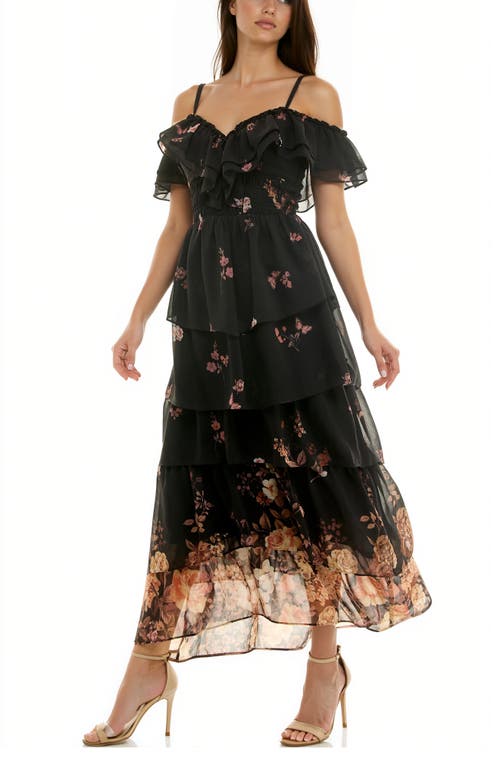 Socialite Floral Cold Shoulder Tiered Maxi Dress In Black