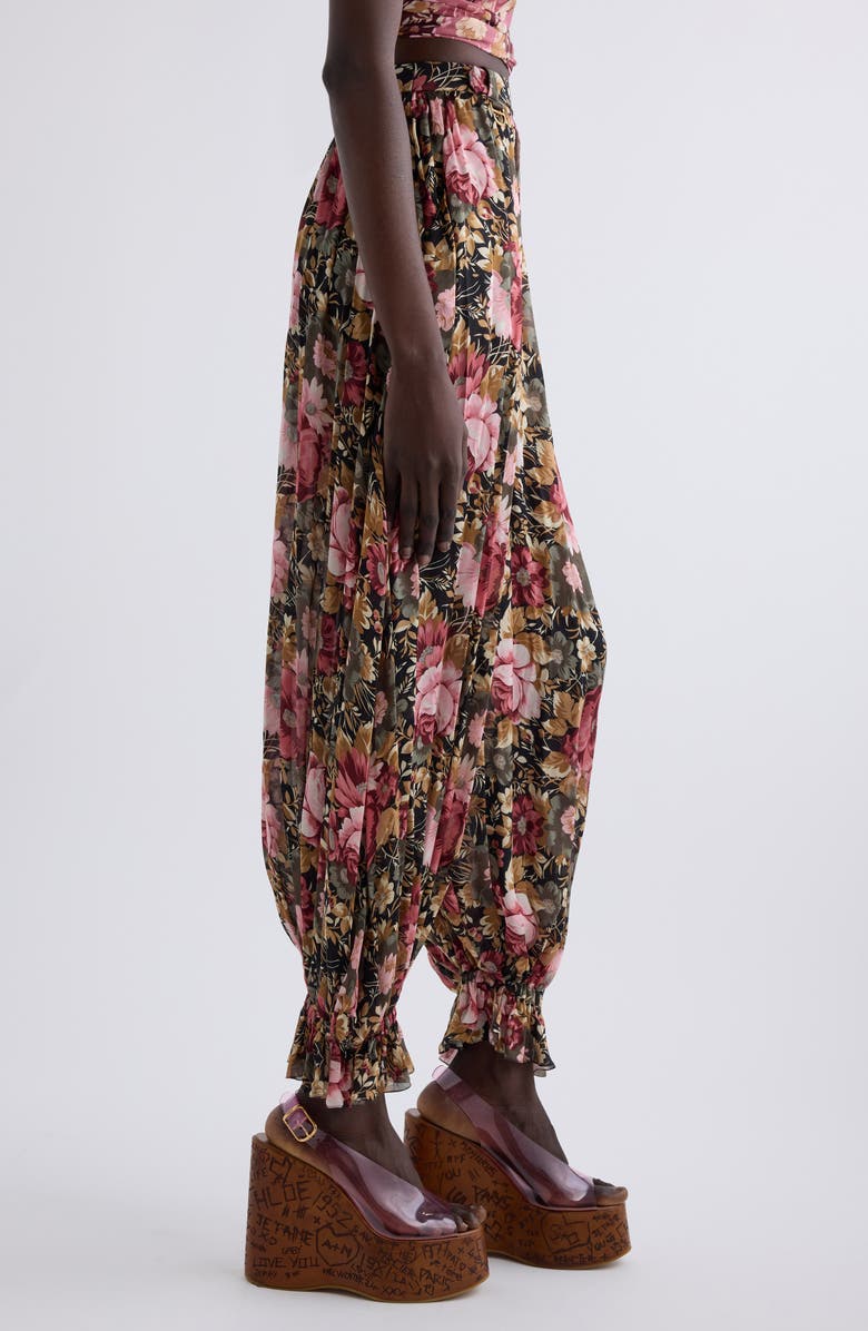 Chloé Floral Print Silk Crop Pants, Alternate, color, Black