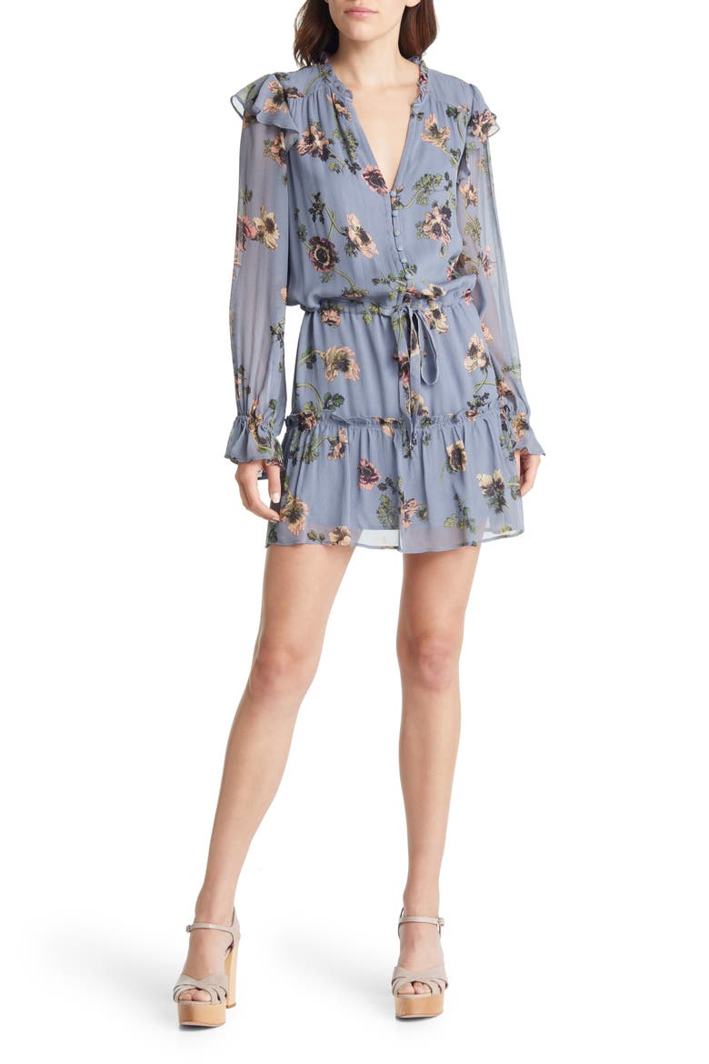 Pomello Long Sleeve Silk Minidress, Alternate, color, FLTBLUMLT