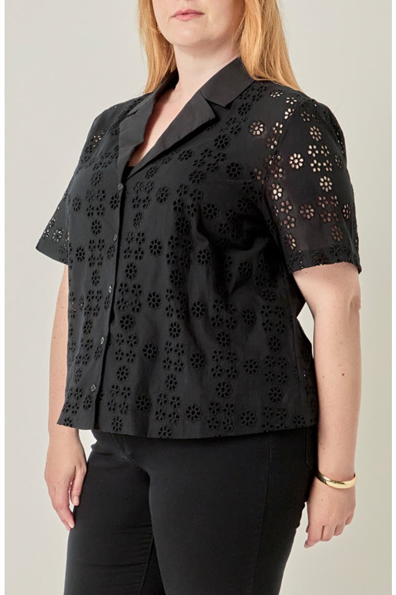 Embroidered Eyelet Cotton Camp Shirt, Alternate, color, BLACK