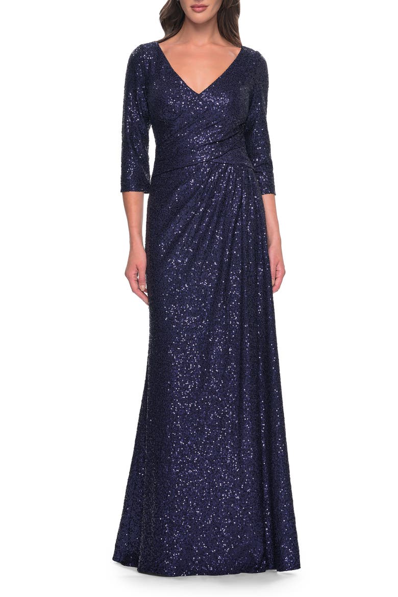 Long Sequin Gown with Ruching and Draped Skirt, Main, color, Navy
