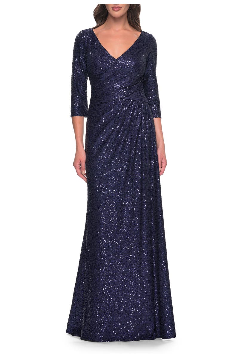 La Femme Long Sequin Gown with Ruching and Draped Skirt, Main, color, Navy
