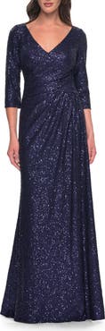 La Femme Long Sequin Gown with Ruching and Draped Skirt