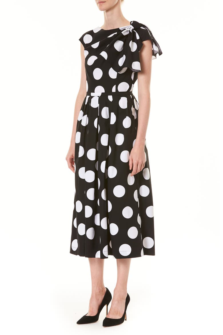 Polka Dot Knot Shoulder Midi Dress, Alternate, color, BLACK/ WHITE