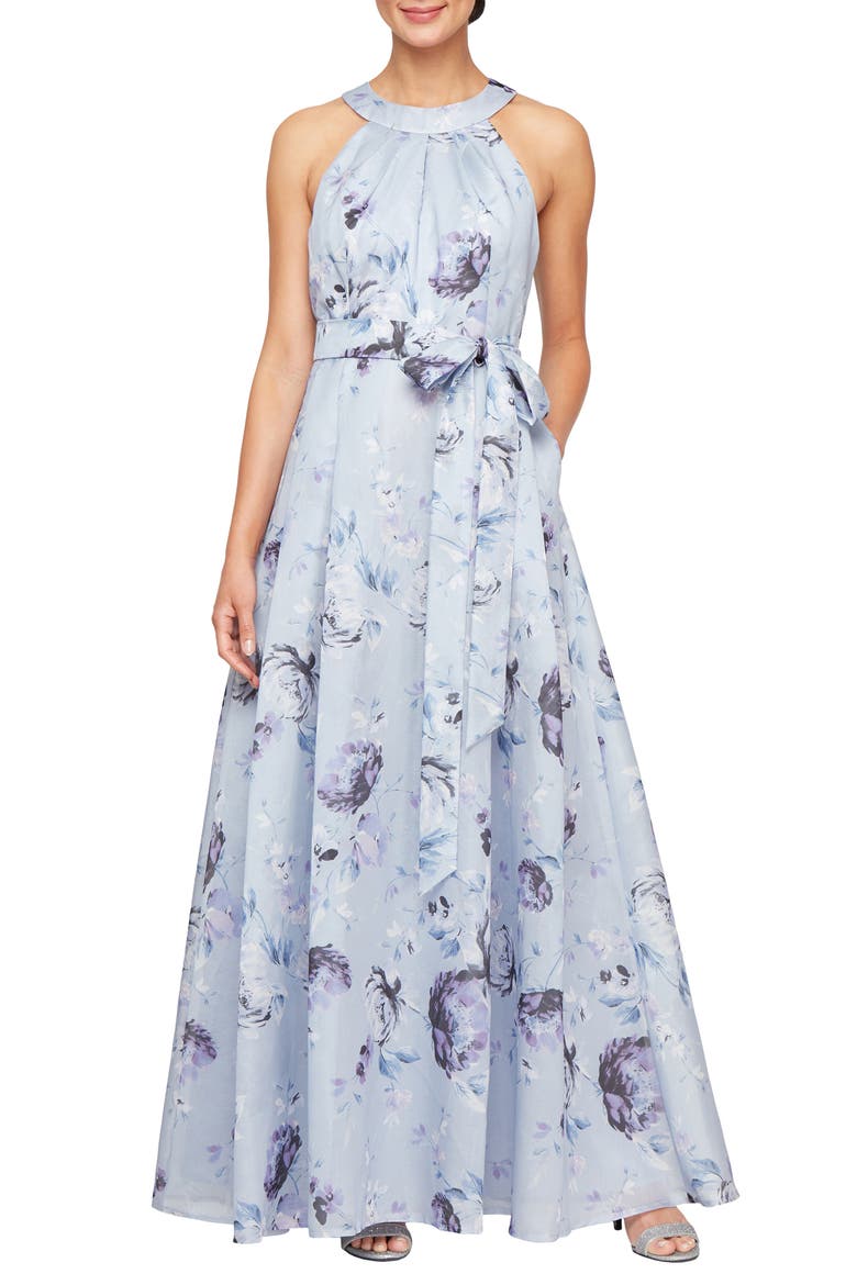 Floral Shimmer Organza Gown, Main, color, PURPLE MULTI