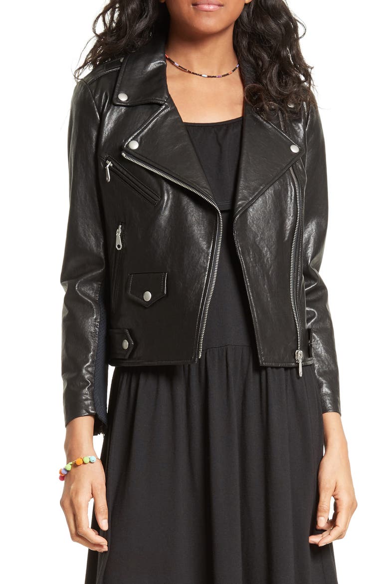 Wes Moto Leather & Neoprene Jacket, Main, color, BLACK
