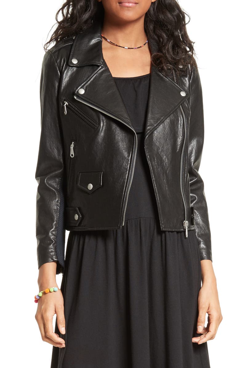 Rebecca Minkoff Wes Moto Leather & Neoprene Jacket, Main, color, 