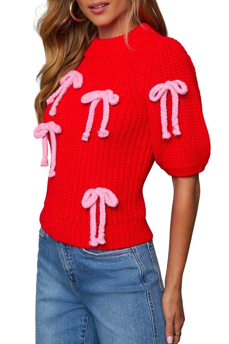 Tied Down Bow Detail Puff Sleeve Sweater, Main, color, RED