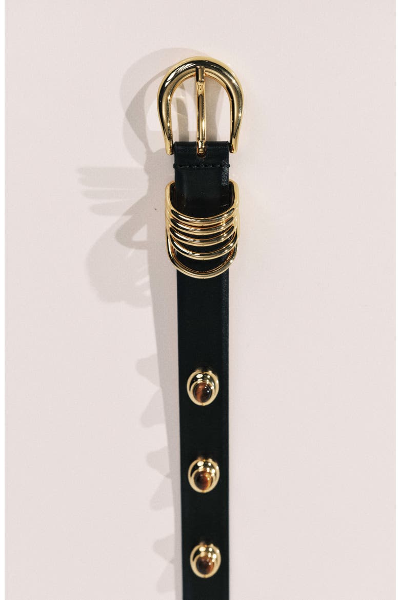 Hollyhock Stud Leather Belt, Alternate, color, BLACK/ TIGERS EYE & GOLD