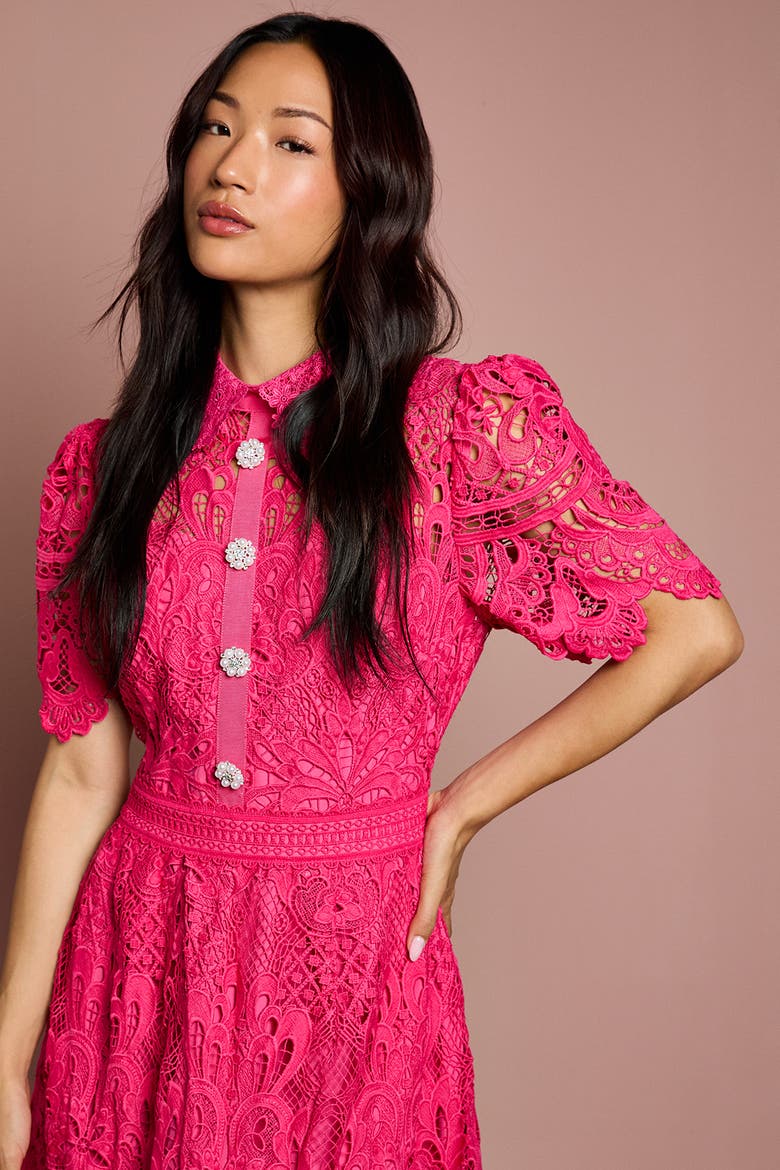 Short Sleeve Collared Lace Midi Dress, Alternate, color, Raspberry