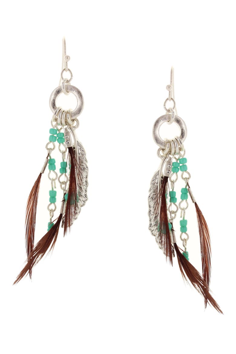 Detailed Bead & Feather Drop Earrings, Main, color, worn silver-turquoise