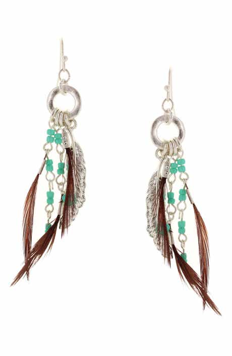 Detailed Bead & Feather Drop Earrings