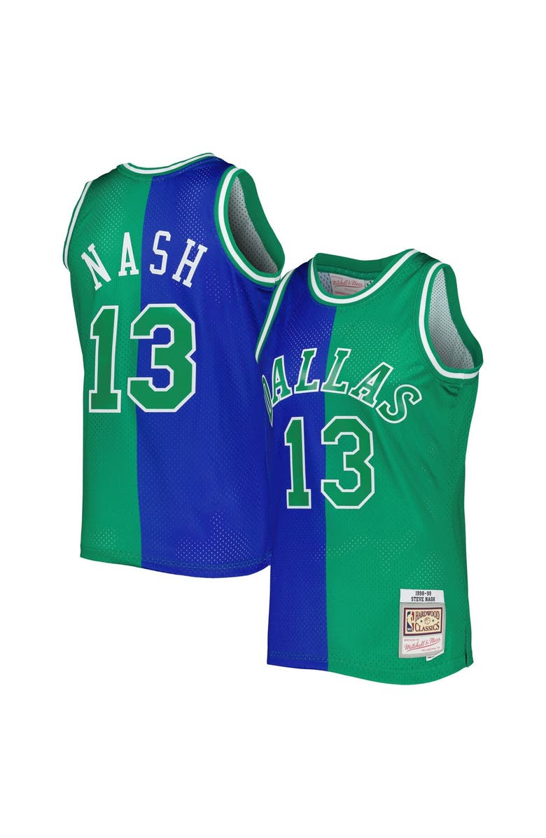 Mitchell & Ness Men's Mitchell & Ness Steve Nash Blue/Green Dallas Mavericks Hardwood Classics 1998/99 Split Swingman Jersey, Main, color, 