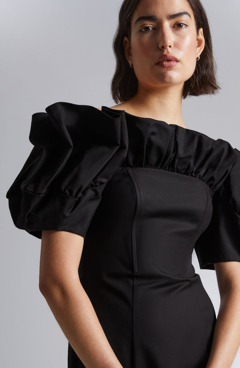 & Other Stories Ruffle Off the Shoulder Midi Dress, Alternate, color, Black