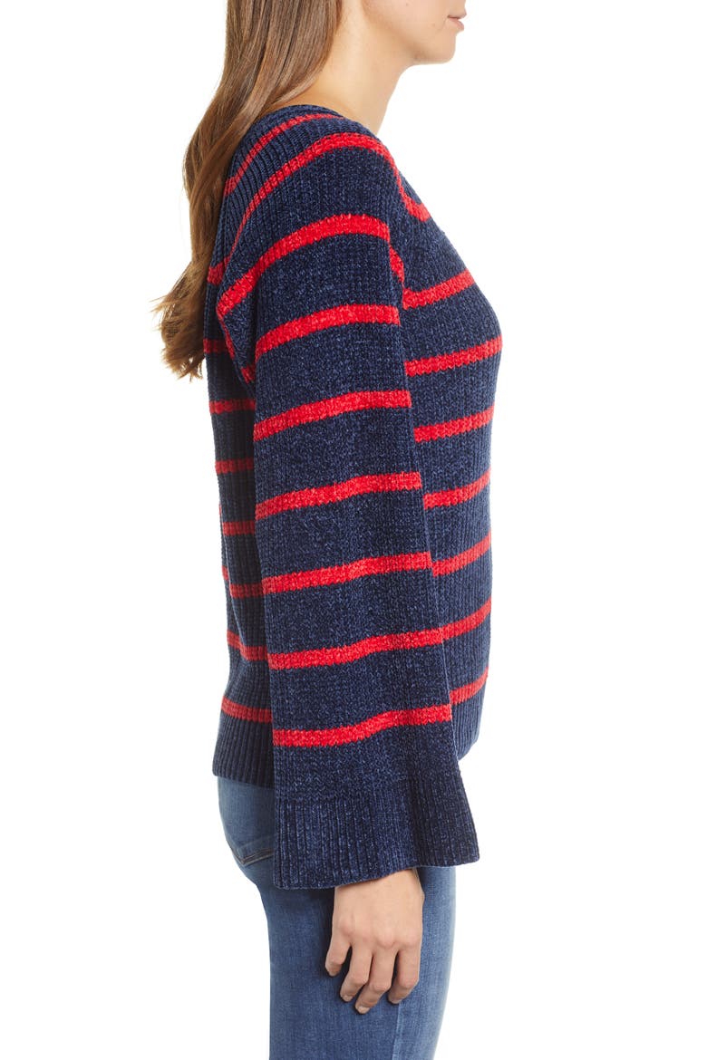 Stripe V-Neck Sweater, Alternate, color, NAVY/ RED