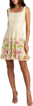 Mac Duggal Beaded Mesh Sleeveless V Neck Ruffle Mini Dress
