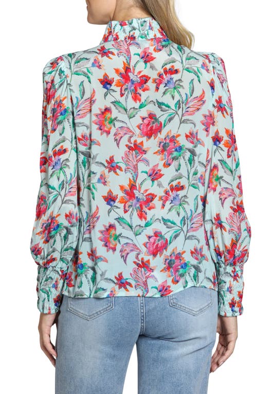 Apny Puff Sleeve Blouse With Ruched Detail In Turquoise Multi In Turquoise Multi