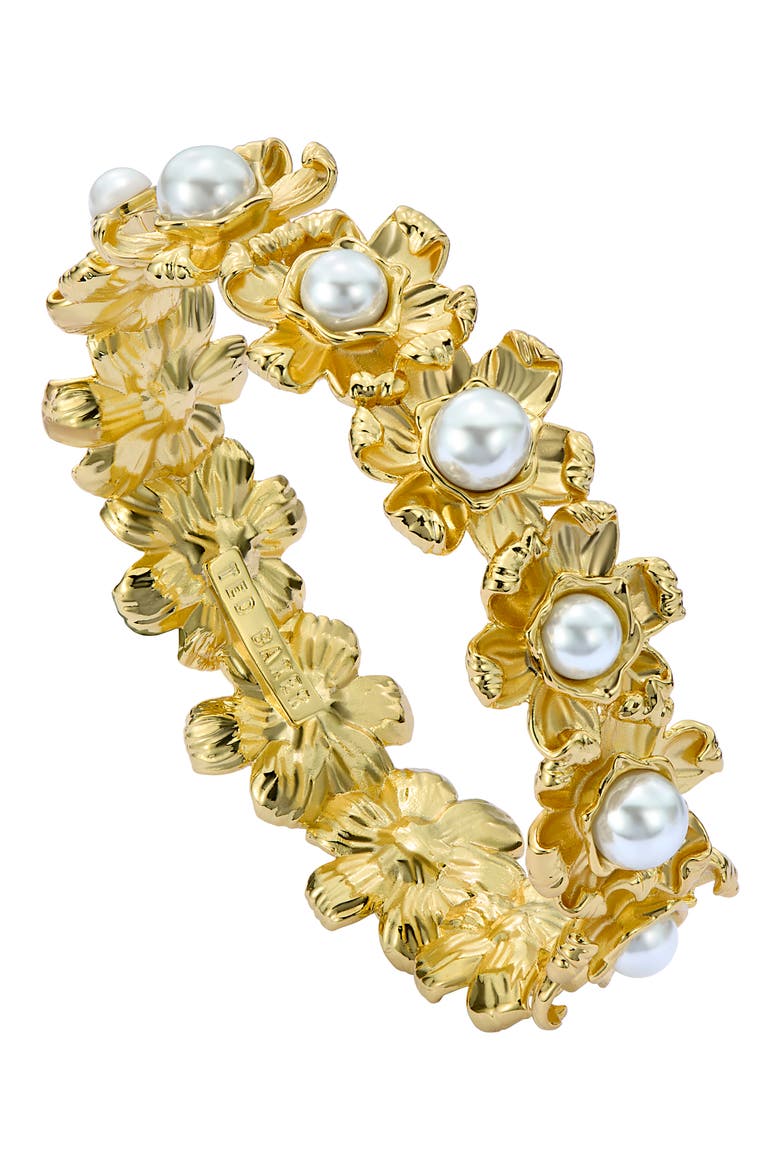 Darell Daisy Faux Pearl Bangle Bracelet, Alternate, color, GOLD TONE / PEARL