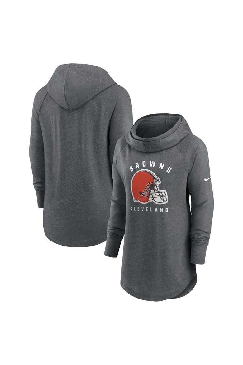 Women's Nike Heather Charcoal Cleveland Browns Raglan Funnel Neck Pullover Hoodie, Main, color, Heather Charcoal