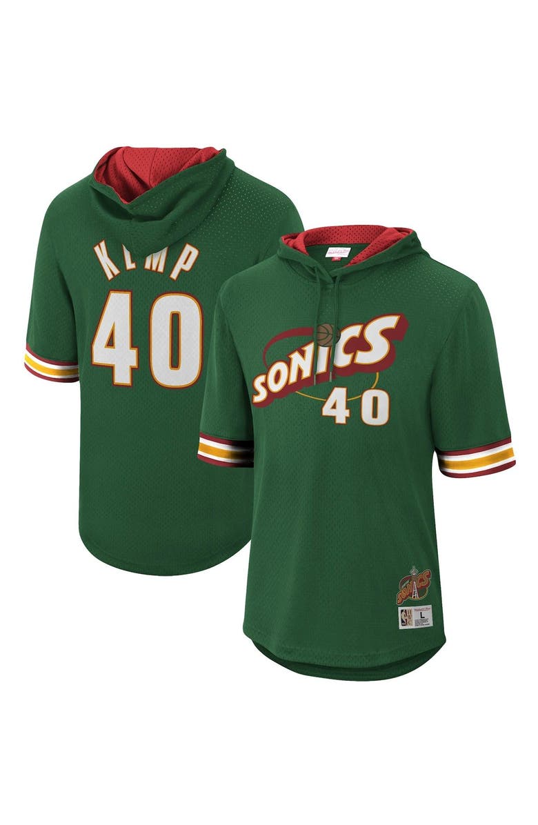Mitchell & Ness Men's Mitchell & Ness Shawn Kemp Green Seattle SuperSonics Mesh Hardwood Classics Name & Number Short Sleeve Hoodie, Main, color,