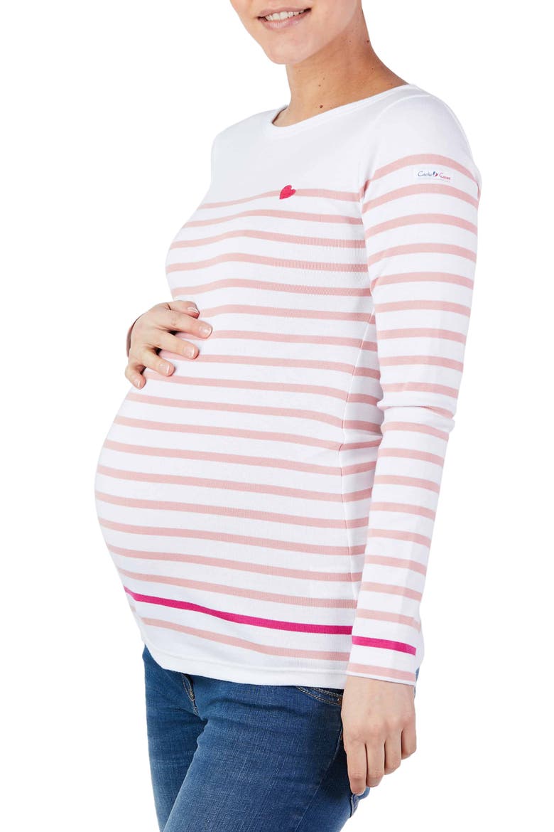 x Armor Lux C'est La Vie Stripe Organic Cotton Maternity Top, Main, color, WHITE/ PINK
