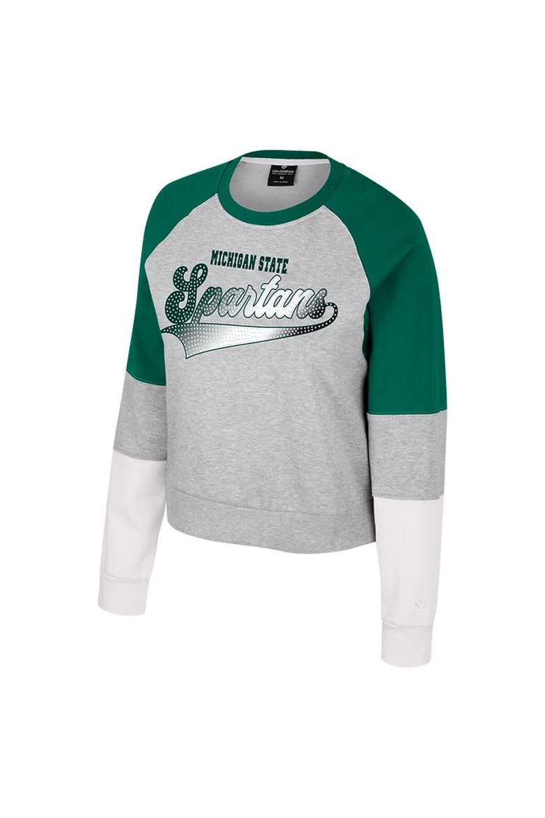 Girls Youth Colosseum Heather Gray Michigan State Spartans Katinka Rhinestone Pullover Sweatshirt, Alternate, color, Heather Gray